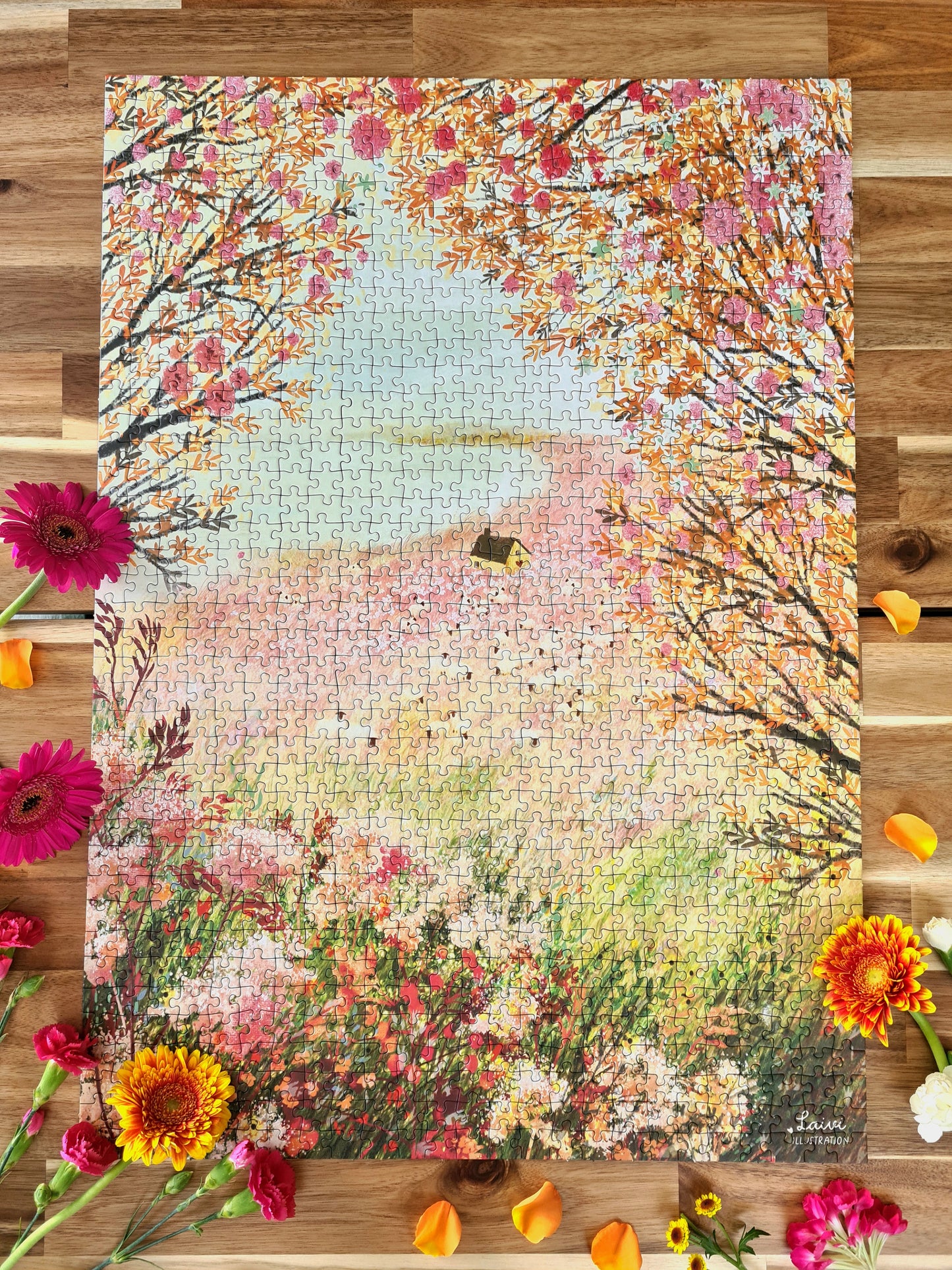 Puzzle n°9 "Cottage and pink fields" 1000 pièces par Laivi Põder
